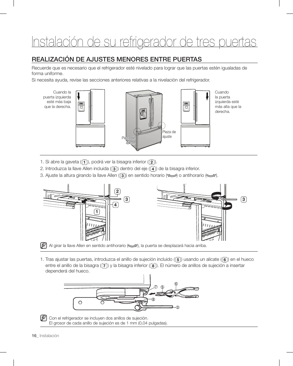 Instalación de su refrigerador de tres puertas, Realización de ajustes menores entre puertas | Samsung RF267ACRS-XAA User Manual | Page 60 / 86