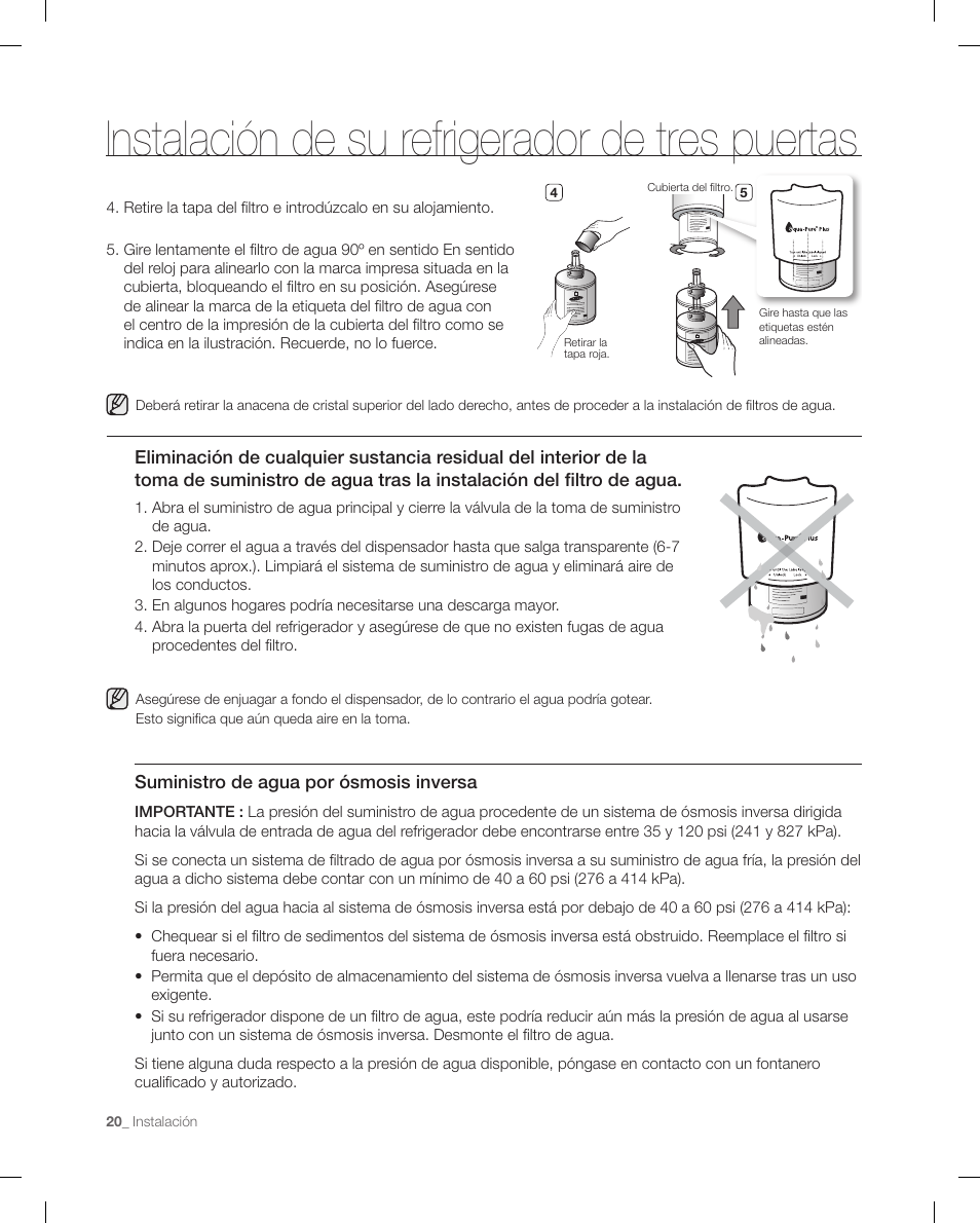 Instalación de su refrigerador de tres puertas | Samsung RF267ACRS-XAA User Manual | Page 64 / 86