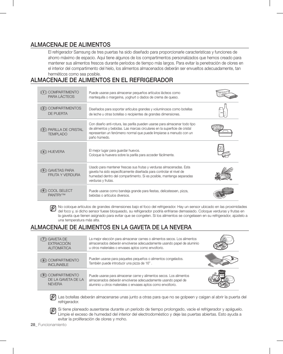 Almacenaje de alimentos en la gaveta de la nevera | Samsung RF267ACRS-XAA User Manual | Page 72 / 86