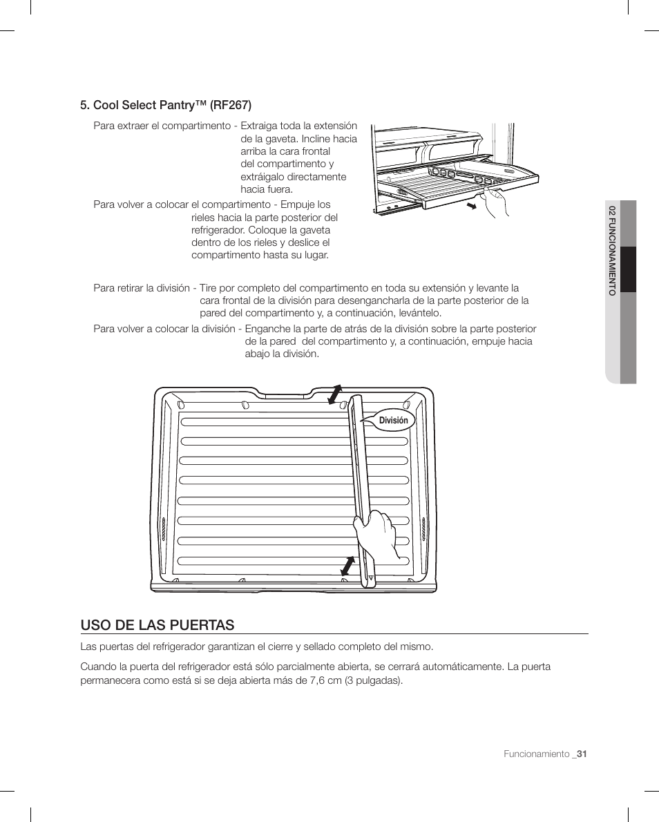 Uso de las puertas | Samsung RF267ACRS-XAA User Manual | Page 75 / 86