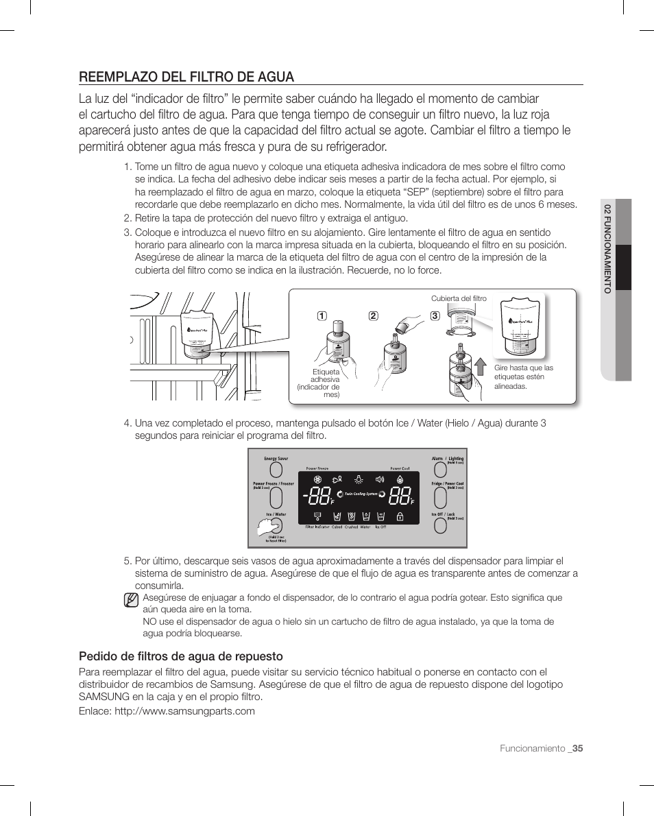 Reemplazo del filtro de agua, Pedido de filtros de agua de repuesto | Samsung RF267ACRS-XAA User Manual | Page 79 / 86