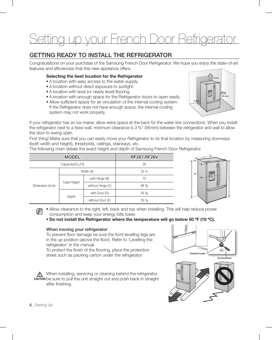 Setting up your french door refrigerator, Getting ready to install the refrigerator | Samsung RF267ACRS-XAA User Manual | Page 8 / 86