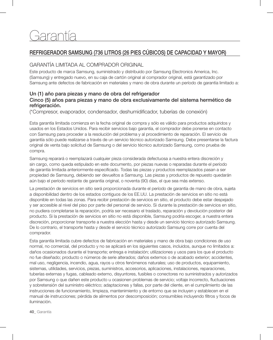 Garantía | Samsung RF267ACRS-XAA User Manual | Page 84 / 86