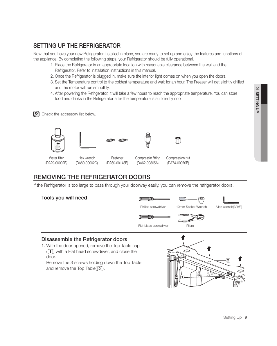 Setting up the refrigerator, Removing the refrigerator doors, Disassemble the refrigerator doors | Tools you will need | Samsung RF267ACRS-XAA User Manual | Page 9 / 86