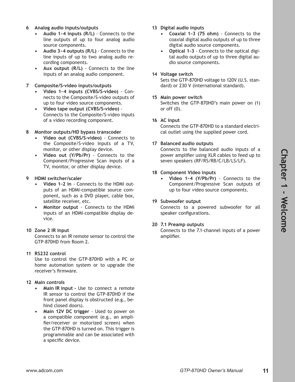 Ch ap te r 1 - w elc om e | Adcom GTP-870HD User Manual | Page 11 / 68