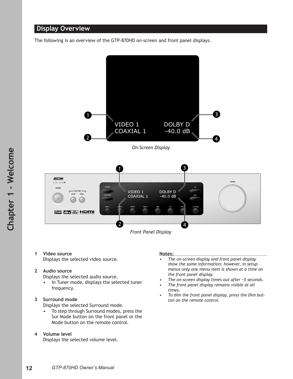 Display overview, Display overview …………………………………………12, Ch ap te r 1 - w el co m e | Adcom GTP-870HD User Manual | Page 12 / 68