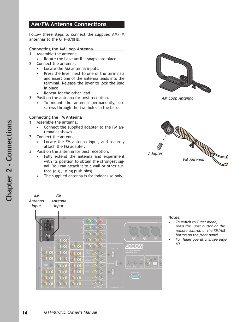 Am/fm antenna connections, Am/fm antenna connections ………………………14, Ch ap te r 2 - c on ne ct io ns | Gtp-870hd owner’s manual | Adcom GTP-870HD User Manual | Page 14 / 68