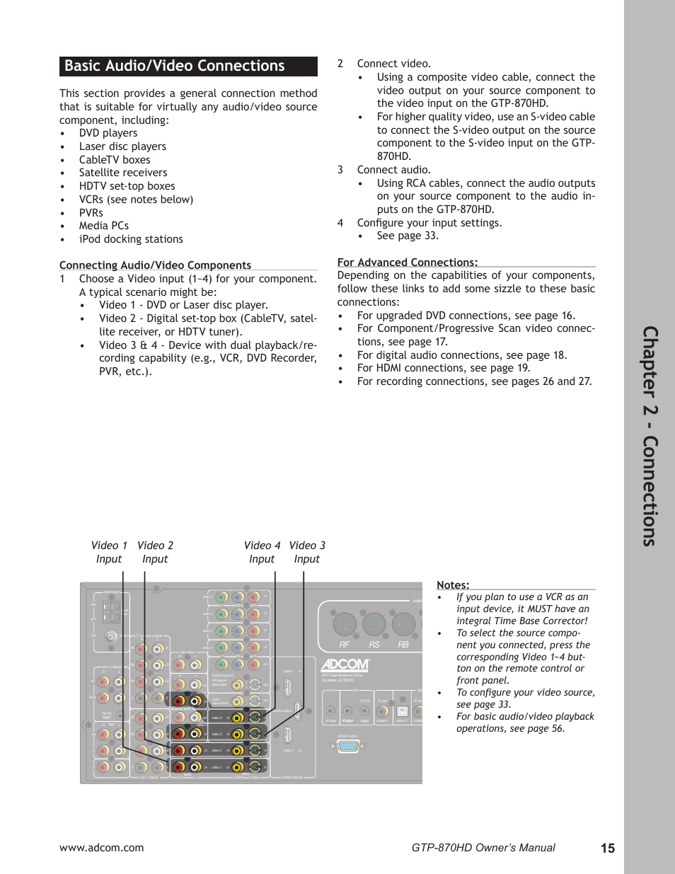 Basic audio/video connections, Basic audio/video connections …………………15, Ch ap te r 2 - c on ne ct io ns | Adcom GTP-870HD User Manual | Page 15 / 68