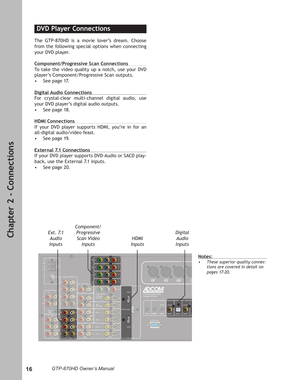 Dvd player connections, Dvd player connections ………………………………16, Ch ap te r 2 - c on ne ct io ns | Gtp-870hd owner’s manual | Adcom GTP-870HD User Manual | Page 16 / 68