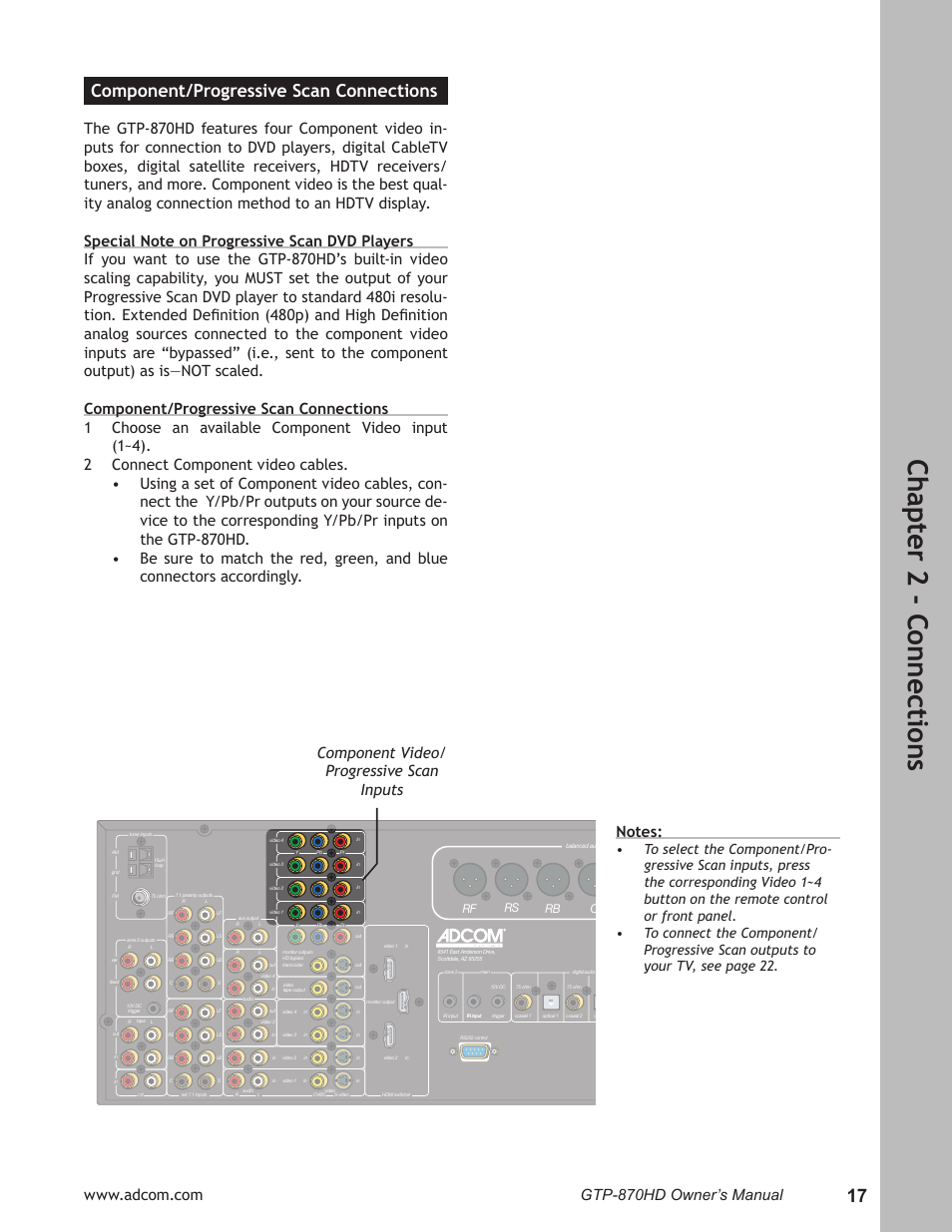 Component/progressive scan connections, Component/progressive scan connections …17, Ch ap te r 2 - c on ne ct io ns | Component video/ progressive scan inputs | Adcom GTP-870HD User Manual | Page 17 / 68