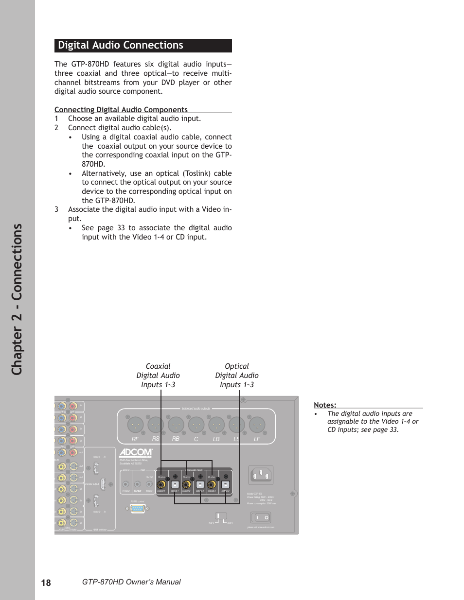 Digital audio connections, Digital audio connections ……………………………18, Ch ap te r 2 - c on ne ct io ns | Gtp-870hd owner’s manual | Adcom GTP-870HD User Manual | Page 18 / 68