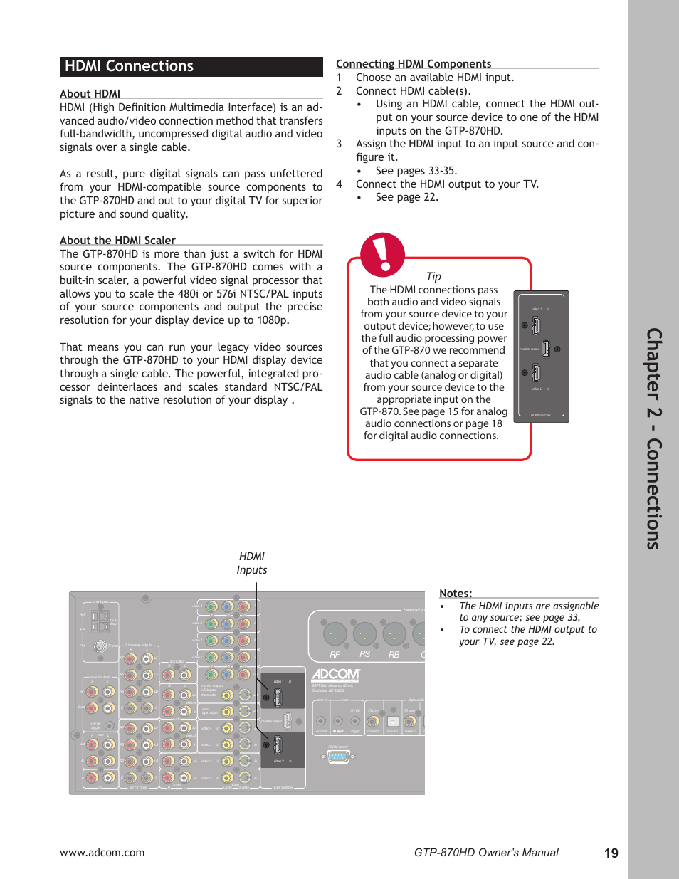 Hdmi connections, Hdmi connections ………………………………………19, Ch ap te r 2 - c on ne ct io ns | Hdmi inputs | Adcom GTP-870HD User Manual | Page 19 / 68