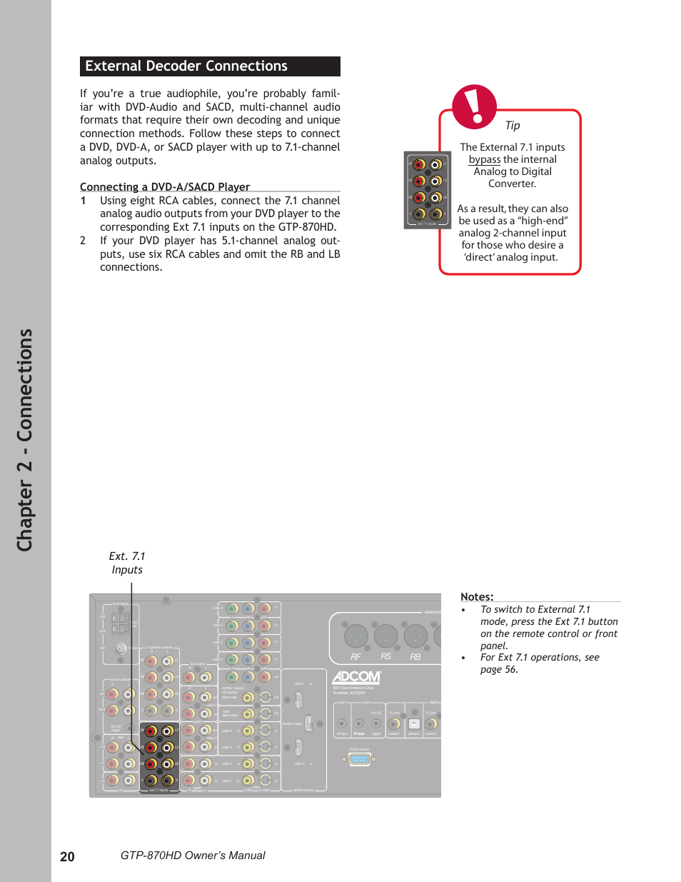 External decoder connections, External decoder connections ……………………20, Ch ap te r 2 - c on ne ct io ns | Gtp-870hd owner’s manual, Ext. 7.1 inputs | Adcom GTP-870HD User Manual | Page 20 / 68