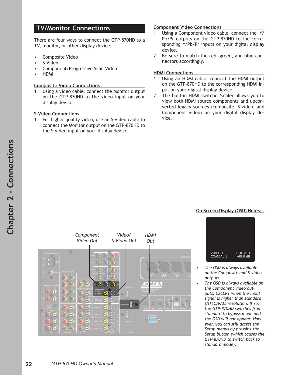 Tv/monitor connections, Tv/monitor connections …………………………… 22, Ch ap te r 2 - c on ne ct io ns | Gtp-870hd owner’s manual, Component video out video/ s-video out hdmi out | Adcom GTP-870HD User Manual | Page 22 / 68