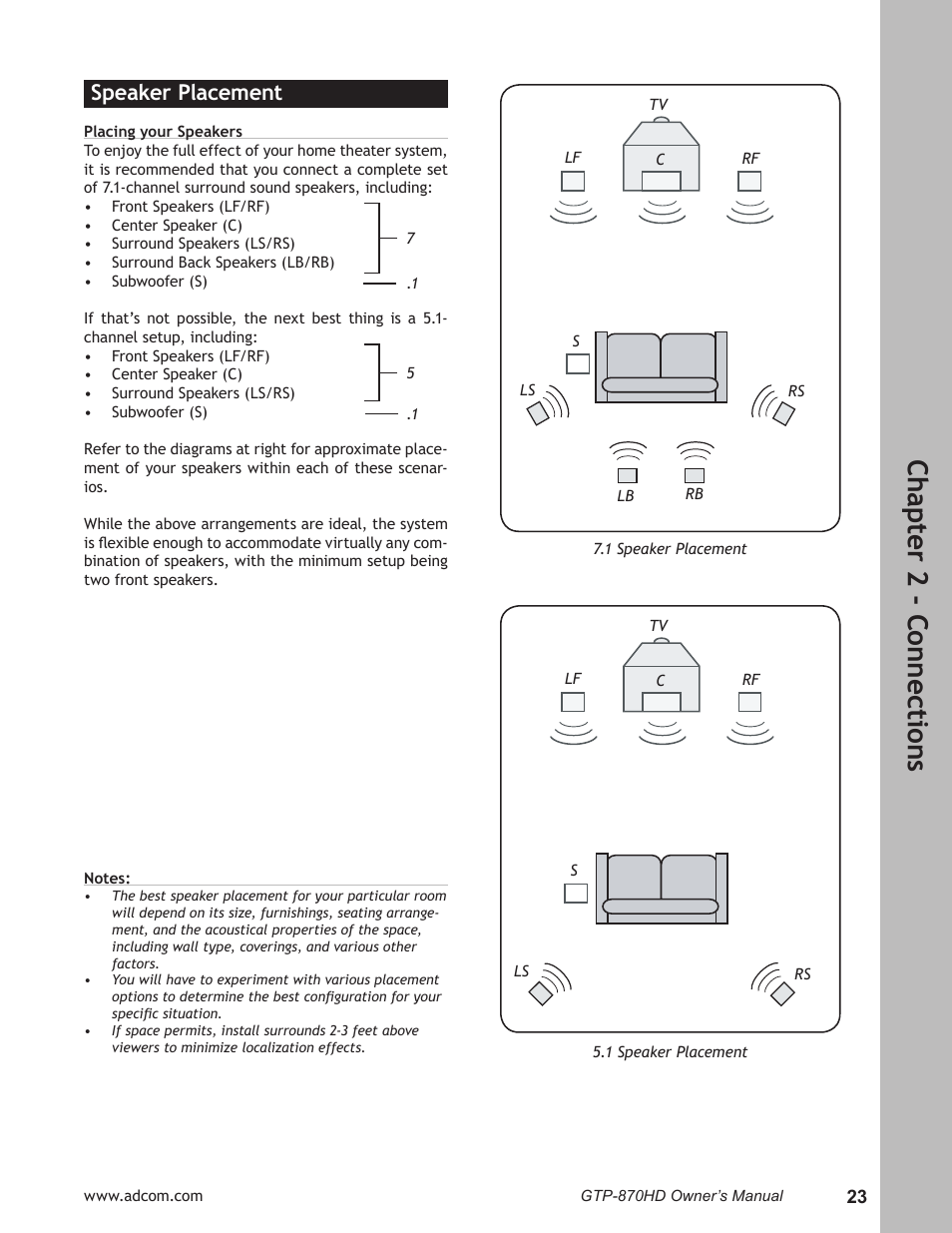 Speaker placement, Speaker placement …………………………………… 23, Ch ap te r 2 - c on ne ct io ns | Adcom GTP-870HD User Manual | Page 23 / 68