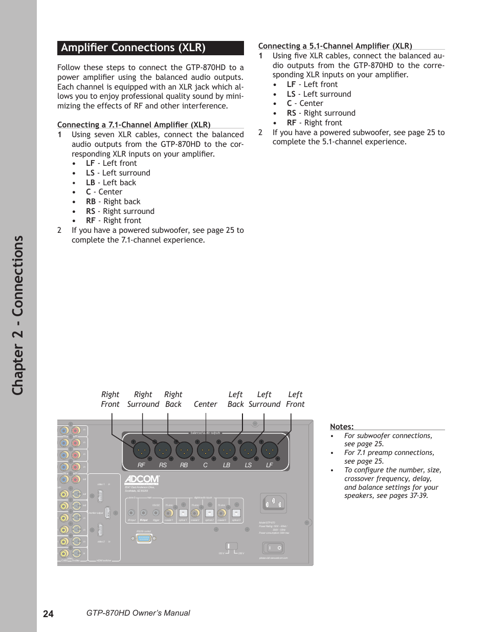 Amplifier connections (xlr), Ampliﬁer connections (xlr) ………………………24, Ch ap te r 2 - c on ne ct io ns | Ampliﬁer connections (xlr), Gtp-870hd owner’s manual | Adcom GTP-870HD User Manual | Page 24 / 68