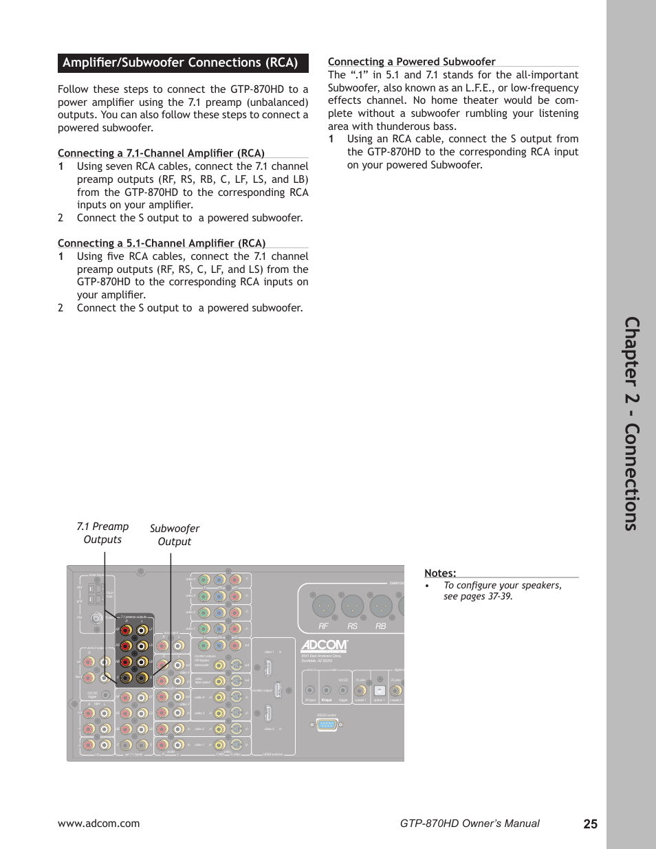 Amplifier/subwoofer connections (rca), Ampliﬁer/subwoofer connections (rca) … 25, Ch ap te r 2 - c on ne ct io ns | Ampliﬁer/subwoofer connections (rca), 1 preamp outputs subwoofer output | Adcom GTP-870HD User Manual | Page 25 / 68
