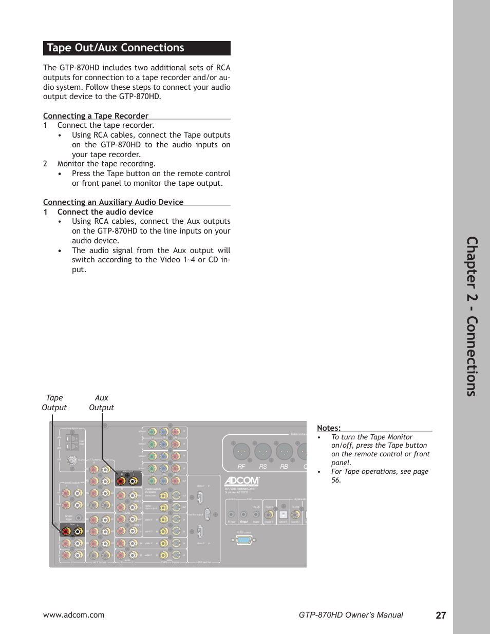 Tape out/aux connections, Tape out/aux connections …………………………27, Ch ap te r 2 - c on ne ct io ns | Tape output aux output | Adcom GTP-870HD User Manual | Page 27 / 68