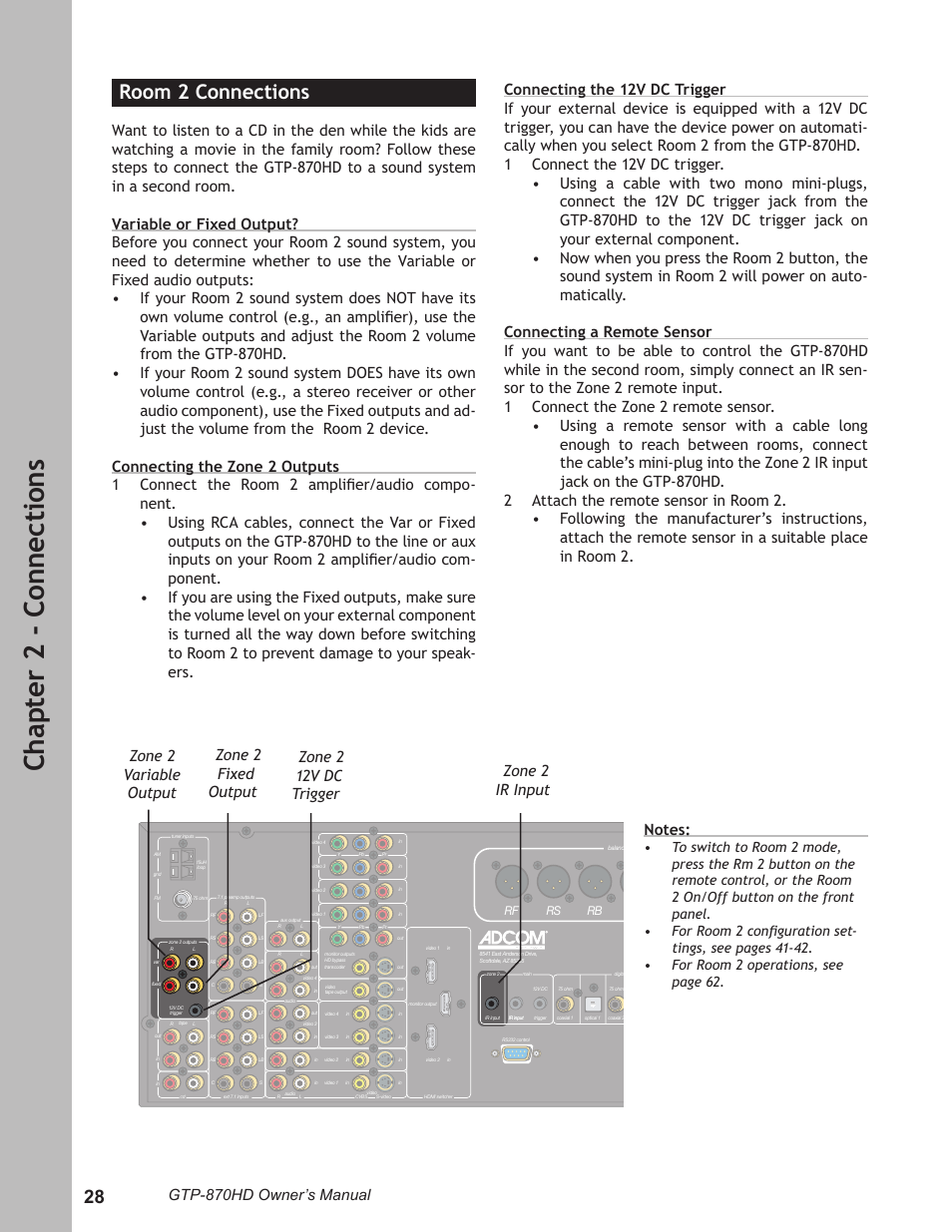 Room 2 connections, Room 2 connections ………………………………… 28, Ch ap te r 2 - c on ne ct io ns | Gtp-870hd owner’s manual | Adcom GTP-870HD User Manual | Page 28 / 68