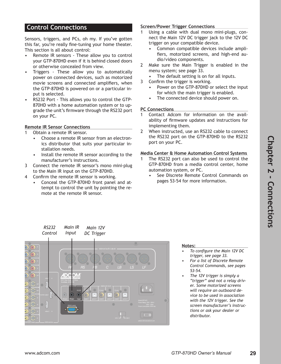 Control connections, Control connections ……………………………………29, Ch ap te r 2 - c on ne ct io ns | Adcom GTP-870HD User Manual | Page 29 / 68