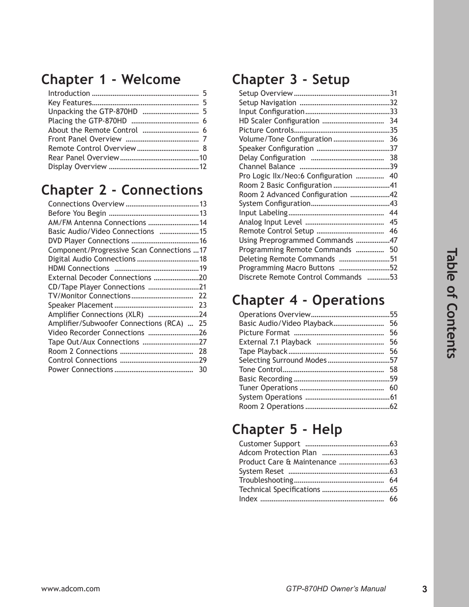 Chapter 2 - connections, Chapter 3 - setup, Chapter 4 - operations | Chapter 5 - help | Adcom GTP-870HD User Manual | Page 3 / 68