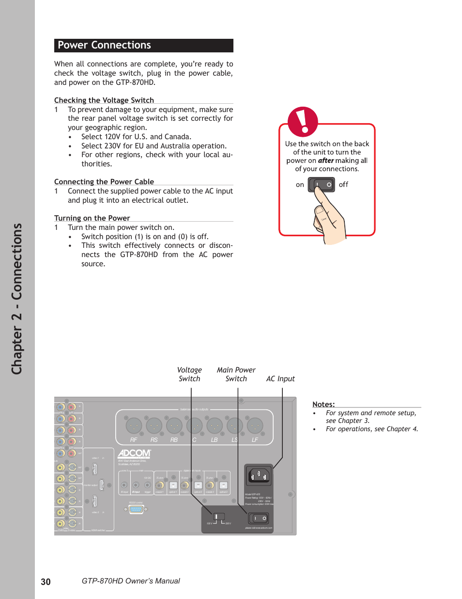 Power connections, Power connections …………………………………… 30, Ch ap te r 2 - c on ne ct io ns | Gtp-870hd owner’s manual, Voltage switch main power switch ac input | Adcom GTP-870HD User Manual | Page 30 / 68