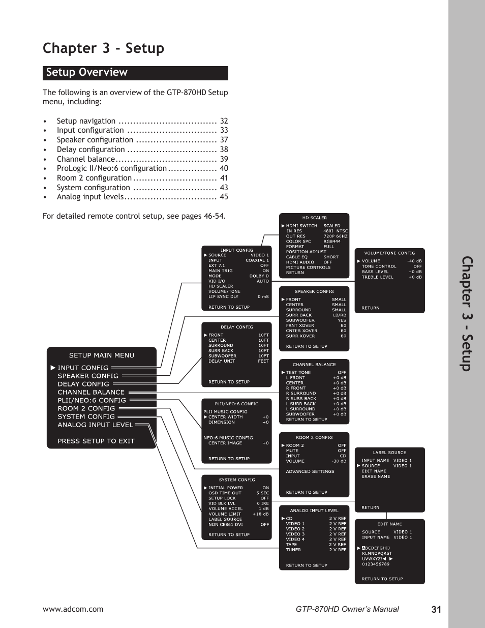Chapter 3 - setup, Setup overview, Setup overview ……………………………………………31 | Ch ap te r 3 - s et up | Adcom GTP-870HD User Manual | Page 31 / 68