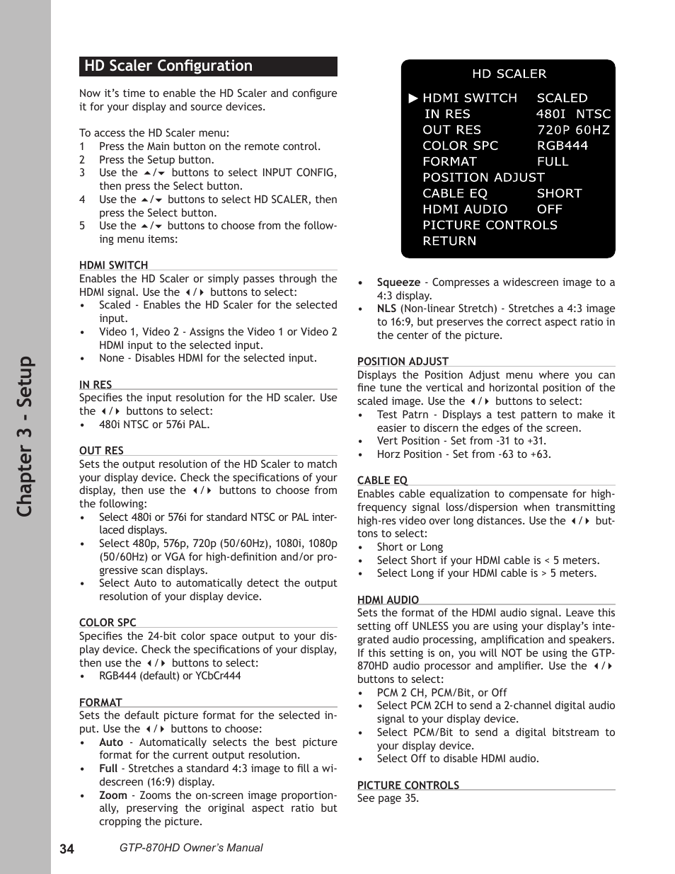 Hd scaler configuration, Hd scaler conﬁguration …………………………… 34, Ch ap te r 3 - s et up | Hd scaler conﬁguration | Adcom GTP-870HD User Manual | Page 34 / 68