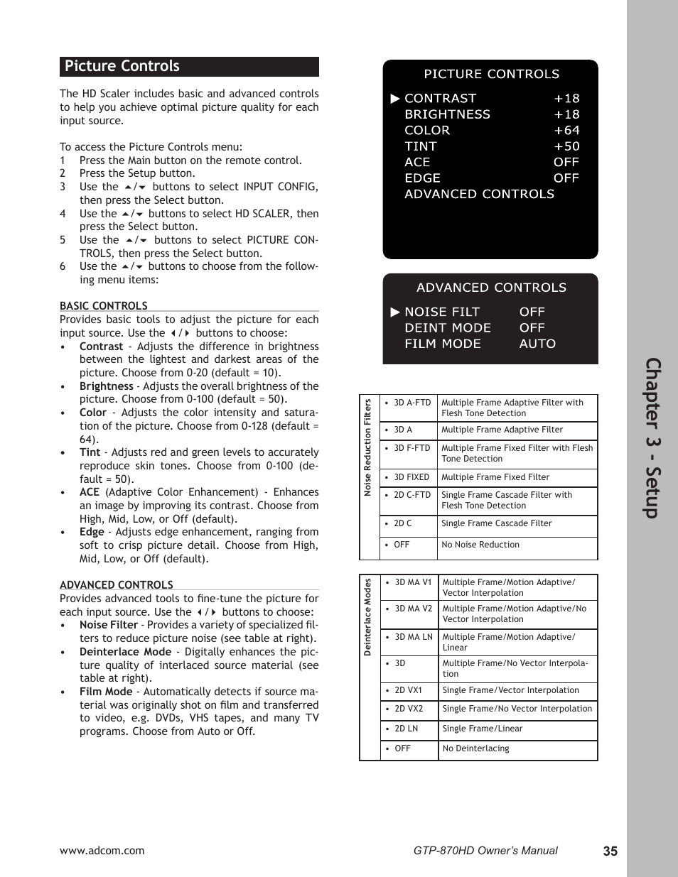 Picture controls, Picture controls ……………………………………………35, Ch ap te r 3 - s et up | Adcom GTP-870HD User Manual | Page 35 / 68