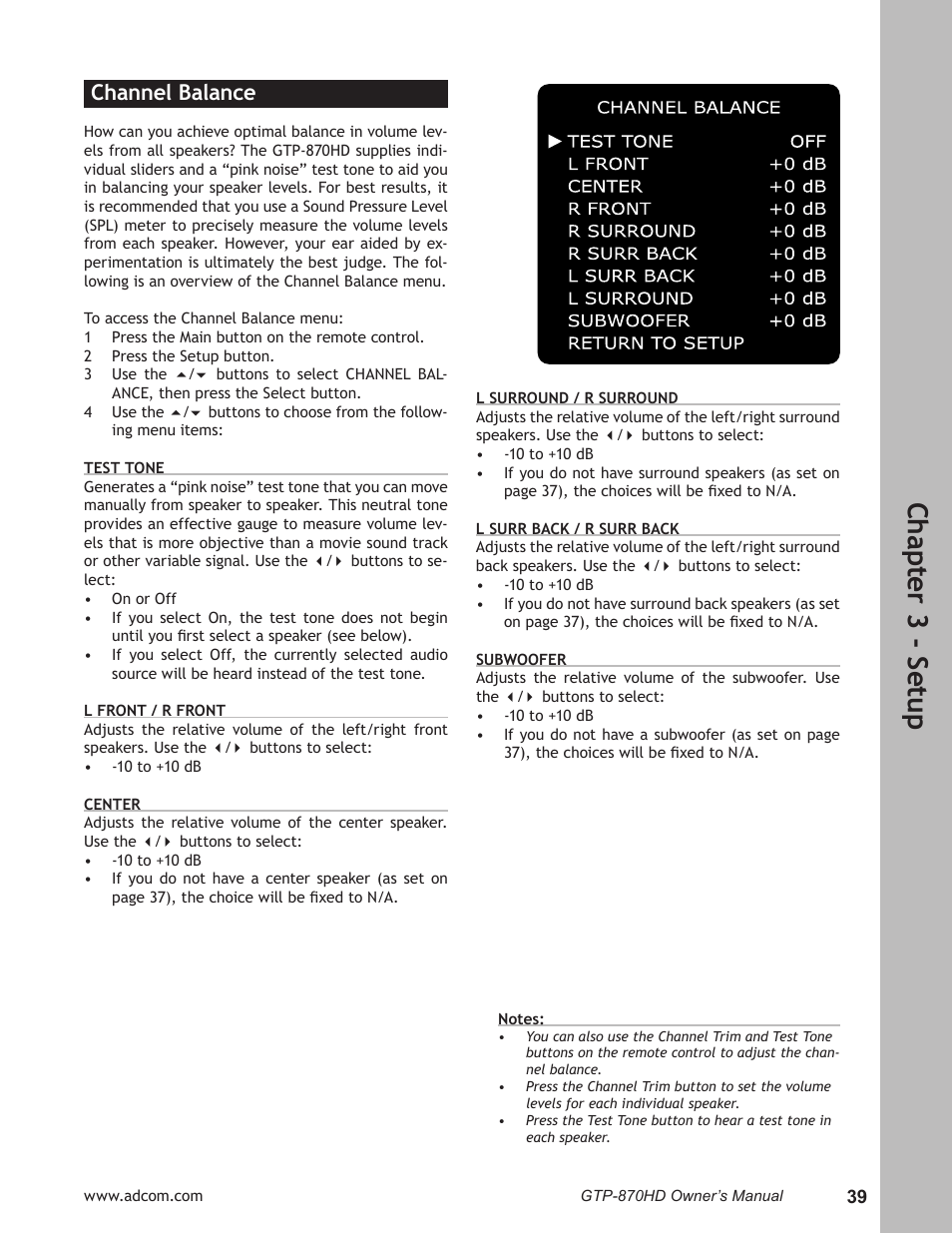 Channel balance, Channel balance …………………………………………39, Ch ap te r 3 - s et up | Adcom GTP-870HD User Manual | Page 39 / 68