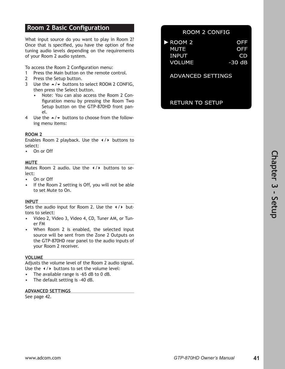 Room 2 basic configuration, Room 2 basic conﬁguration …………………………41, Ch ap te r 3 - s et up | Room 2 basic conﬁguration | Adcom GTP-870HD User Manual | Page 41 / 68
