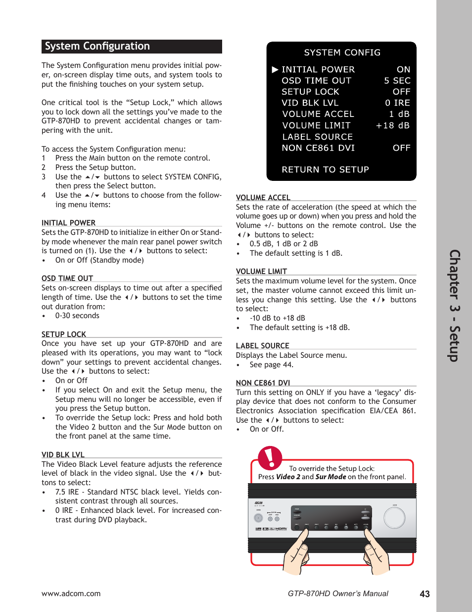 System configuration, System conﬁguration ……………………………………43, Ch ap te r 3 - s et up | System conﬁguration | Adcom GTP-870HD User Manual | Page 43 / 68