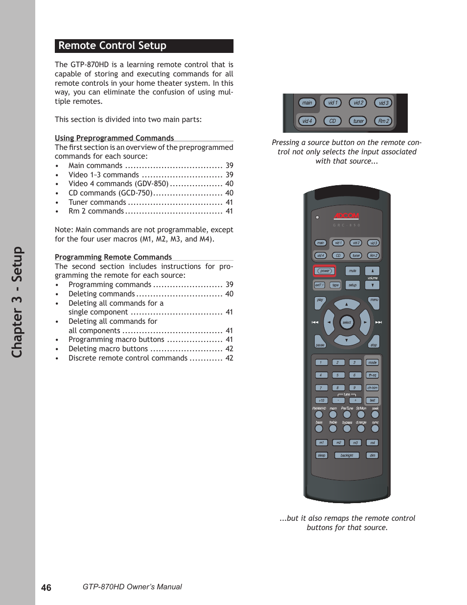 Remote control setup, Remote control setup ……………………………… 46, Ch ap te r 3 - s et up | Adcom GTP-870HD User Manual | Page 46 / 68