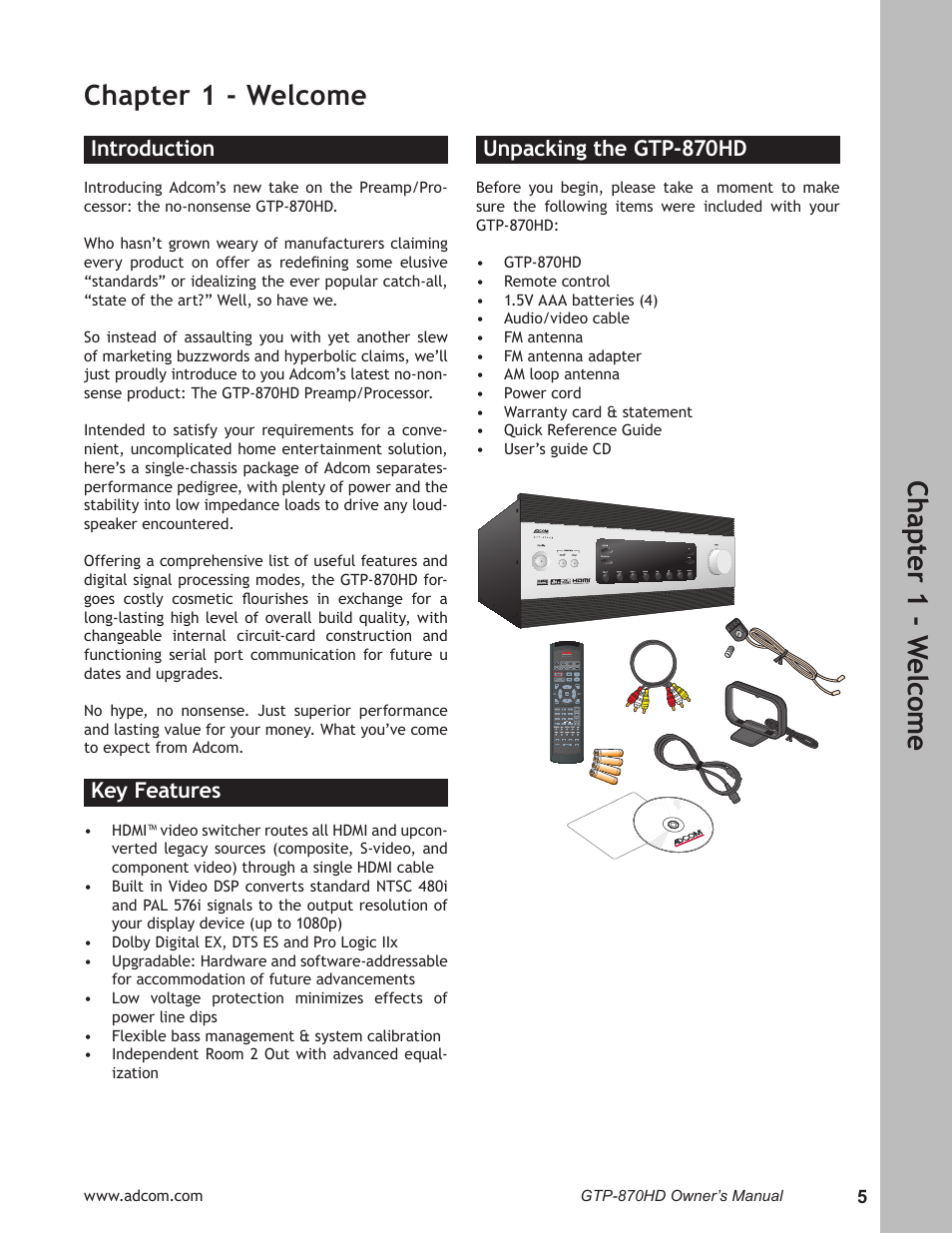 Chapter 1 - welcome, Introduction, Key features | Unpacking the gtp-870hd, Introduction ………………………………………………… 5, Key features ………………………………………………… 5, Unpacking the gtp-870hd ………………………… 5, Ch ap te r 1 - w elc om e | Adcom GTP-870HD User Manual | Page 5 / 68