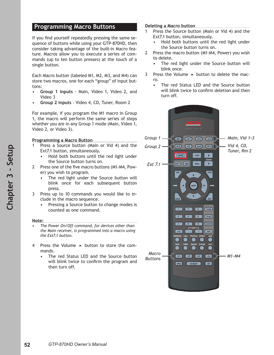 Programming macro buttons, Programming macro buttons ………………………52, Ch ap te r 3 - s et up | Adcom GTP-870HD User Manual | Page 52 / 68