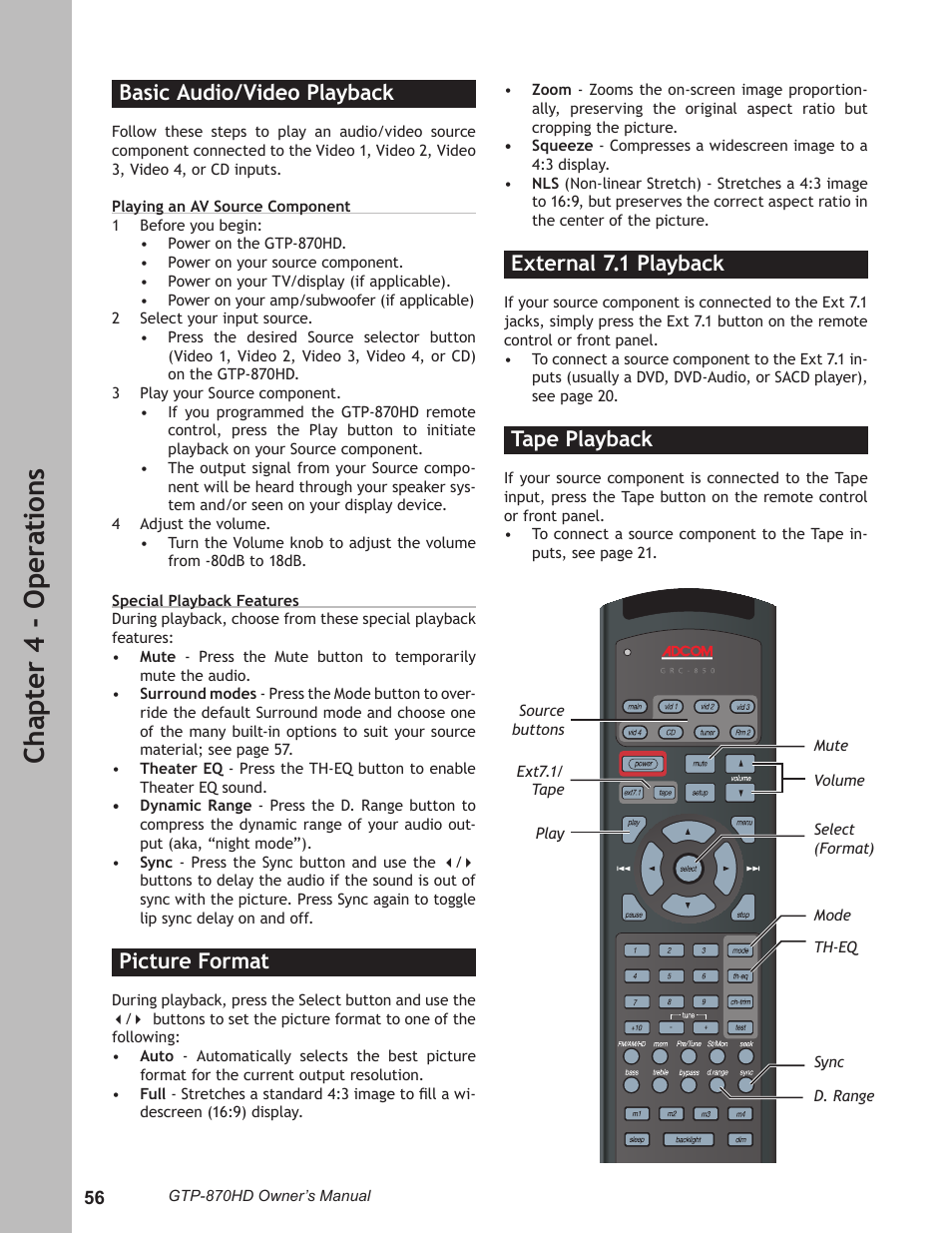 Basic audio/video playback, Picture format, External 7.1 playback | Tape playback, Basic audio/video playback ……………………… 56, Picture format ………………………………………… 56, External 7.1 playback ……………………………… 56, Tape playback …………………………………………… 56, Ch ap te r 4 - o pe ra ti on s | Adcom GTP-870HD User Manual | Page 56 / 68