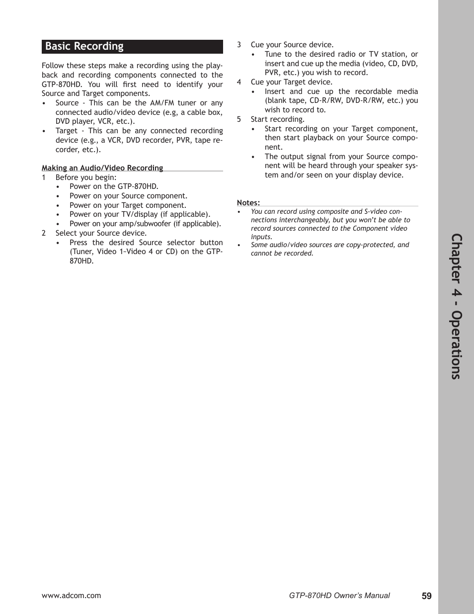 Basic recording, Basic recording ……………………………………………59, Ch ap te r 4 - o pe ra tio ns | Adcom GTP-870HD User Manual | Page 59 / 68