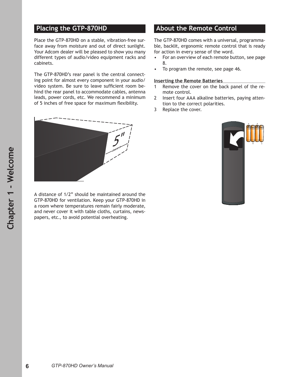 Placing the gtp-870hd, About the remote control, Placing the gtp-870hd ……………………………… 6 | About the remote control ………………………… 6, Ch ap te r 1 - w el co m e | Adcom GTP-870HD User Manual | Page 6 / 68