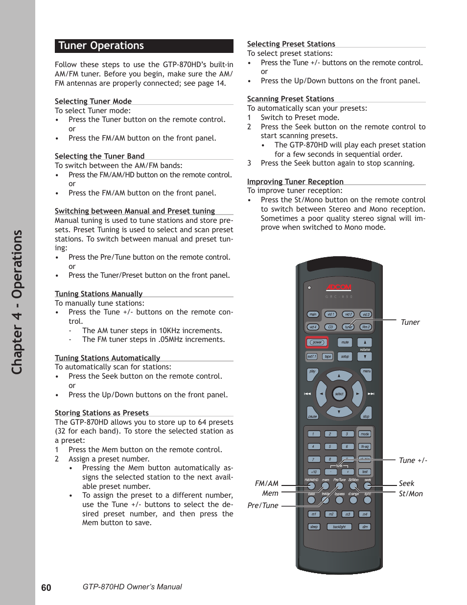 Tuner operations, Tuner operations ……………………………………… 60, Ch ap te r 4 - o pe ra ti on s | Adcom GTP-870HD User Manual | Page 60 / 68