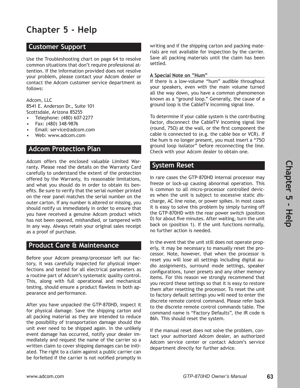 Chapter 5 - help, Customer support, Adcom protection plan | Product care & maintenance, System reset, Customer support ………………………………………63, Adcom protection plan ………………………………63, Product care & maintenance ………………………63, System reset ………………………………………………63, Ch ap te r 5 - h elp | Adcom GTP-870HD User Manual | Page 63 / 68
