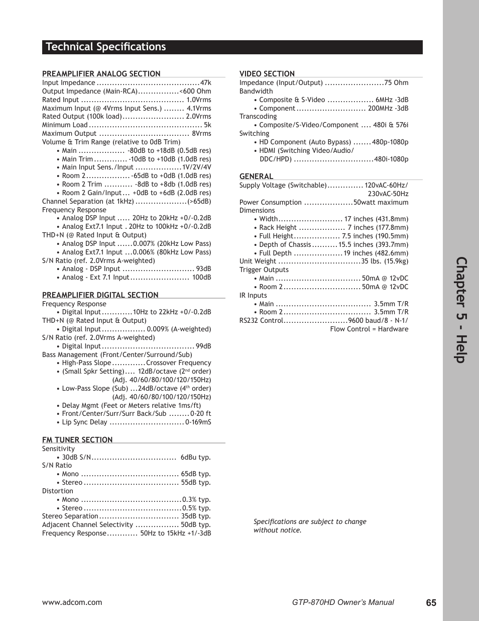 Technical specifications, Technical speciﬁcations ………………………………65, Ch ap te r 5 - h elp | Technical speciﬁcations | Adcom GTP-870HD User Manual | Page 65 / 68