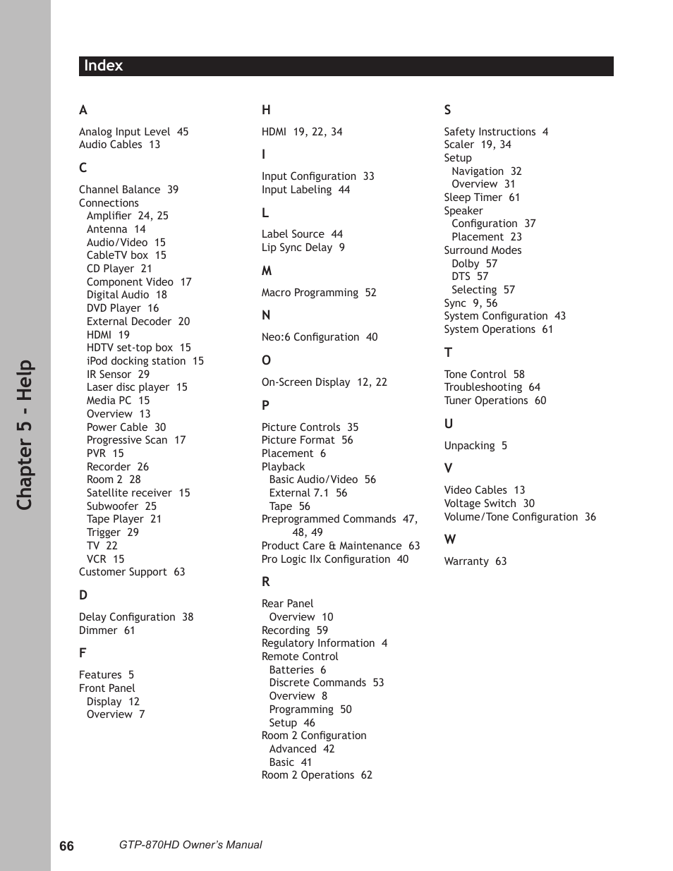 Index, Index ………………………………………………………… 66, Ch ap te r 5 - h el p | Adcom GTP-870HD User Manual | Page 66 / 68