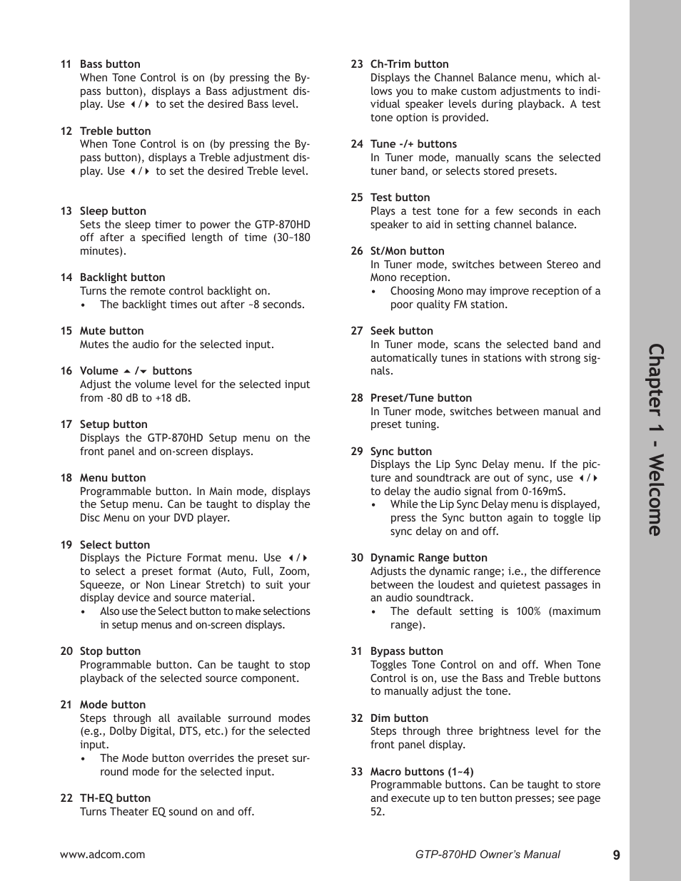Ch ap te r 1 - w elc om e | Adcom GTP-870HD User Manual | Page 9 / 68