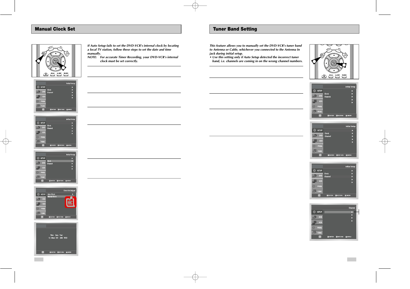 Tuner band setting, Manual clock set | Samsung DVDV3650V-XAX User Manual | Page 10 / 35