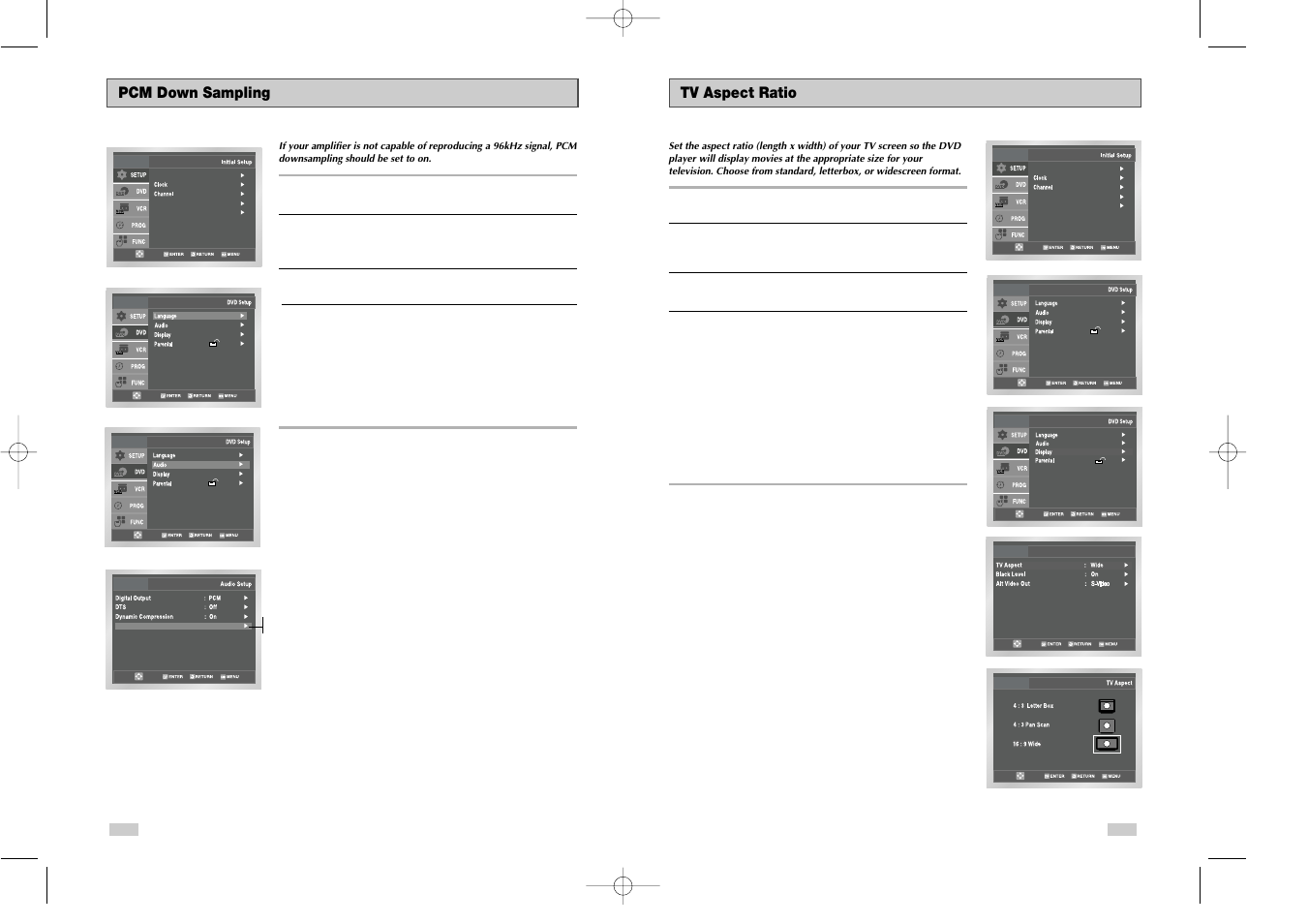 Tv aspect ratio, Pcm down sampling | Samsung DVDV3650V-XAX User Manual | Page 16 / 35