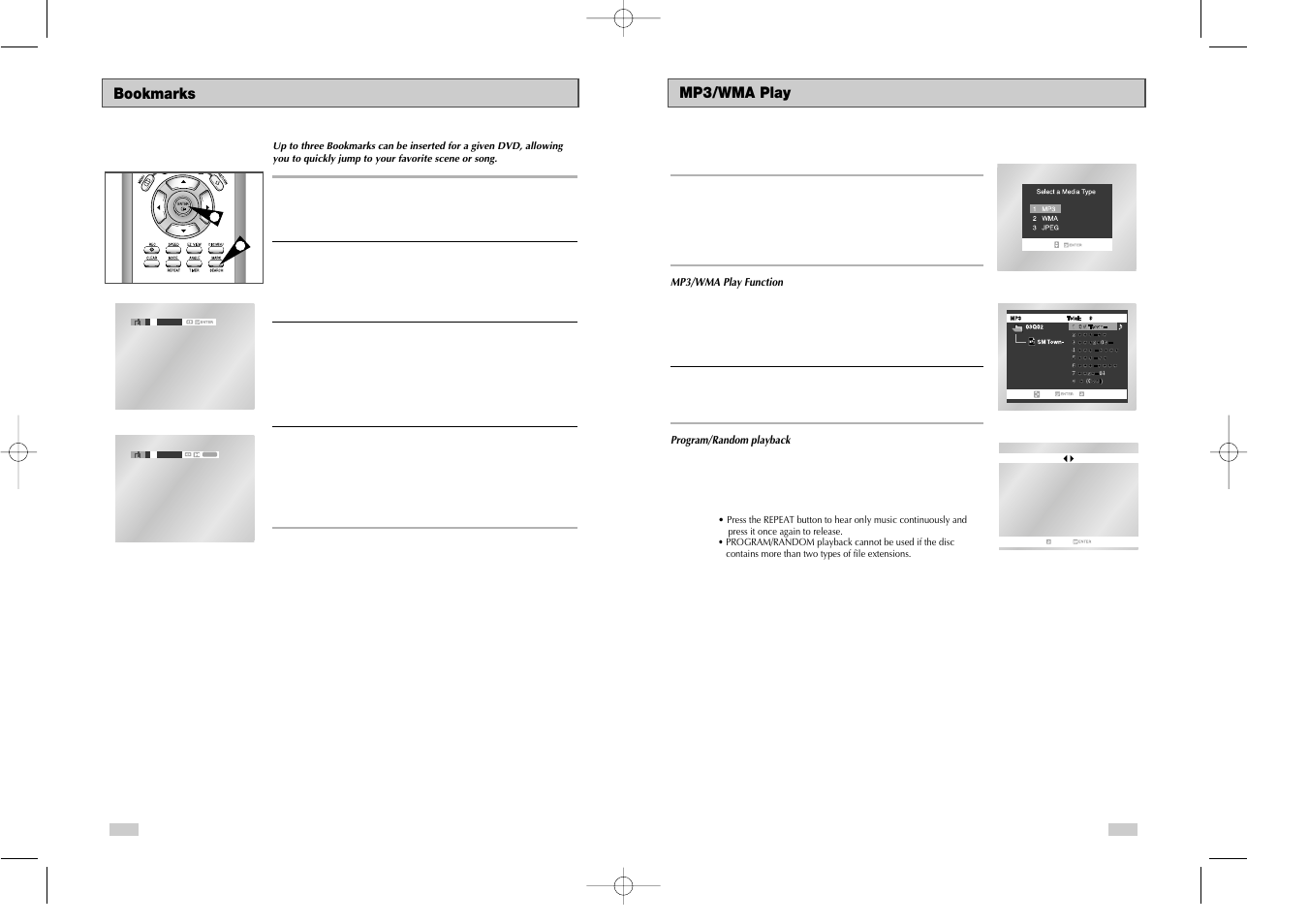 Mp3/wma play, Bookmarks | Samsung DVDV3650V-XAX User Manual | Page 24 / 35