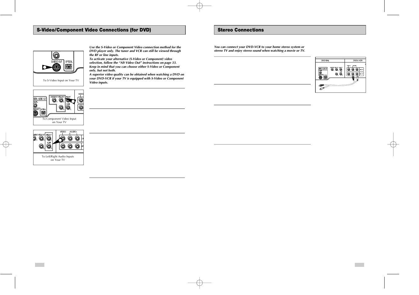 Stereo connections, S-video/component video connections (for dvd) | Samsung DVDV3650V-XAX User Manual | Page 32 / 35