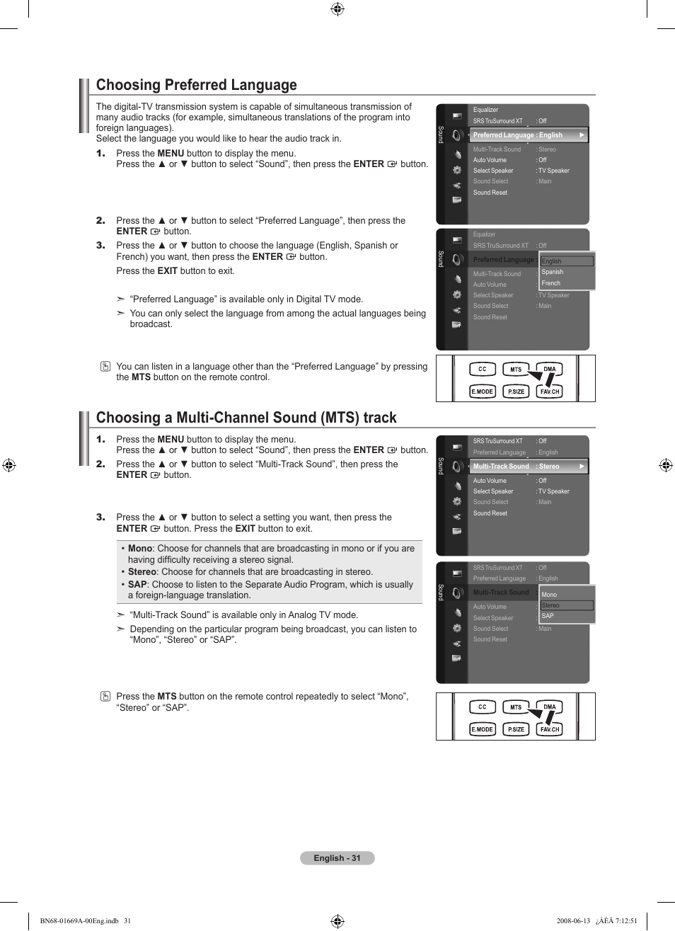 Choosing preferred language, Choosing a multi-channel sound (mts) track | Samsung LN40A630M1FXZA User Manual | Page 33 / 107