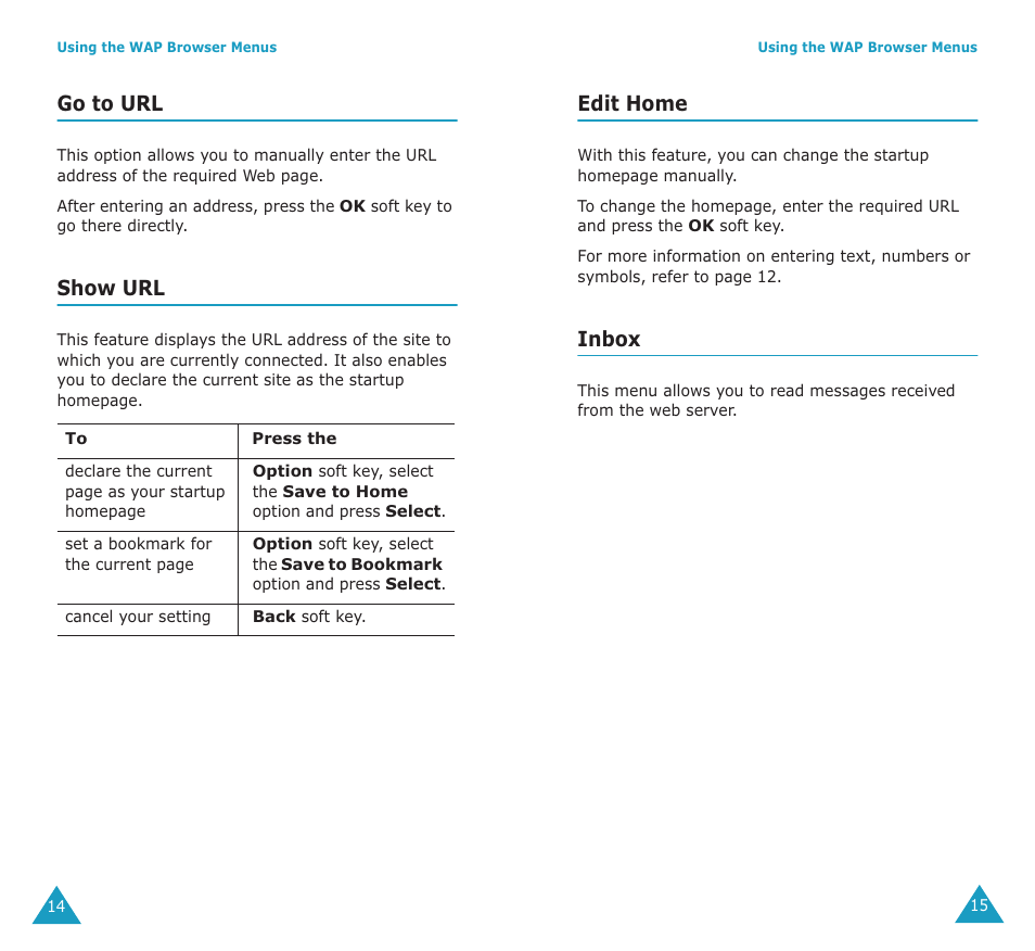 Go to url, Show url, Edit home | Inbox | Samsung SGH-P107BSACIN User Manual | Page 8 / 8