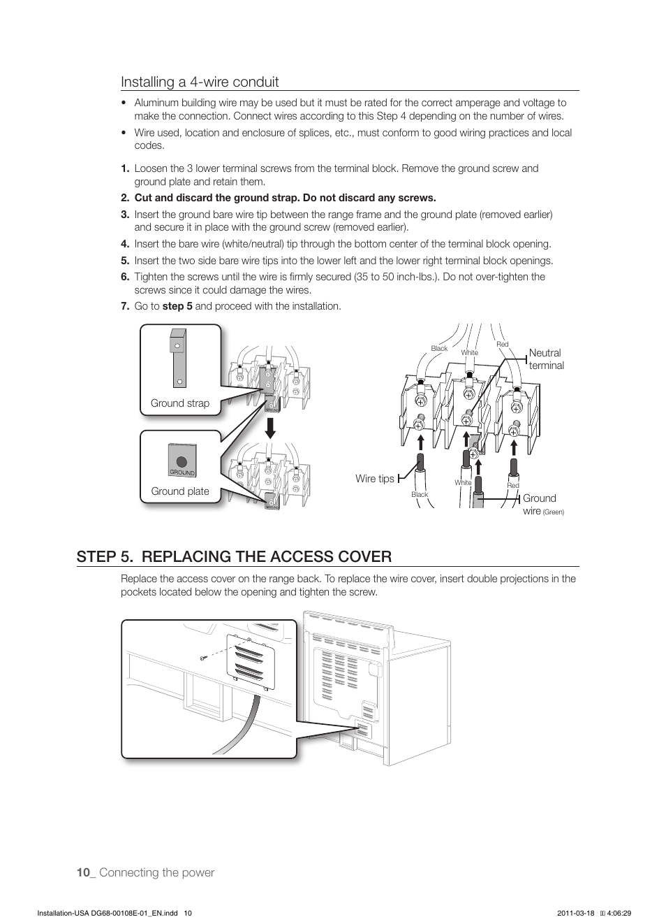 Step 5. replacing the access cover, Installing a 4-wire conduit | Samsung FE-N500WX-XAA User Manual | Page 10 / 12